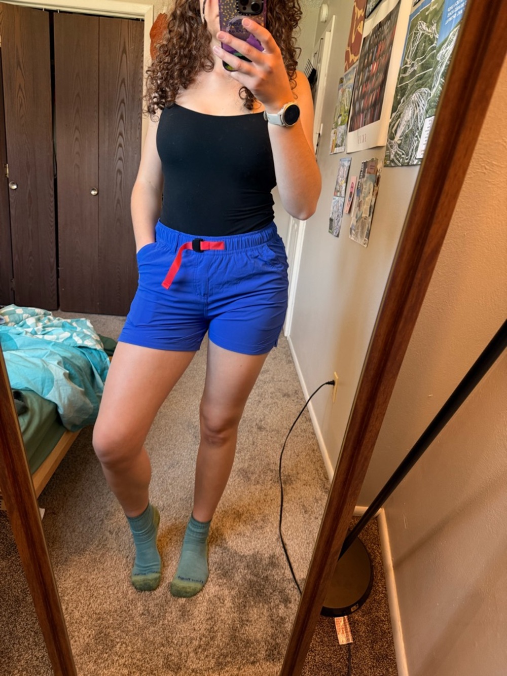 Outdoor Research Electric Blue Athletic Shorts with Red Belt